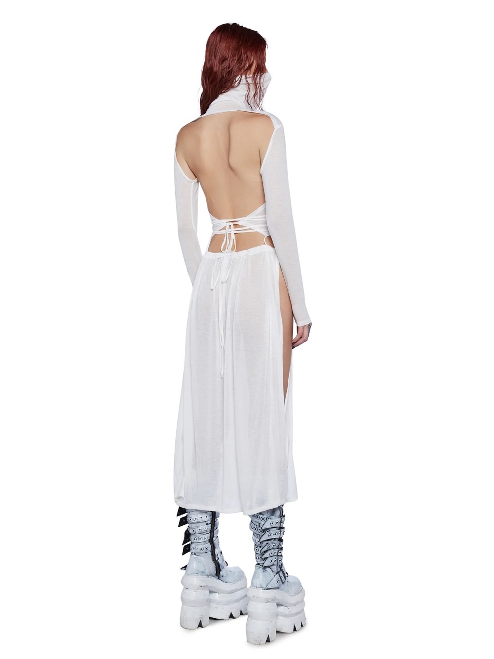 Dolls Kill Darker Wavs Flanger White High Slit Maxi Dress - Picture 8 of 9